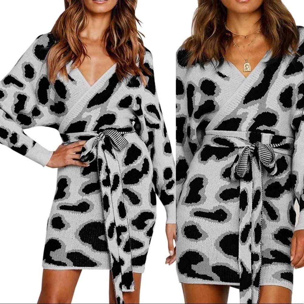 ✨THE SAVOY GREY LEOPARD BATWING SWEATER DRESS *NWT